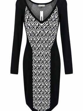 Dalia Collection Black White Geometric Knit Dress Size L Tags
